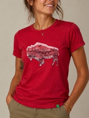 Women's Red Short Sleeve Graphic Tee - Buffalo Mountain Print